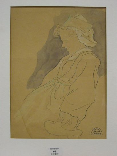 Suzanne CREPIN (1880-1956). Jeune femme à la coiffe verte, dessin au crayon noir...