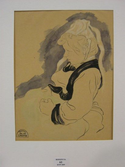 Suzanne CREPIN (1880-1956). Jeune fille, dessin au crayon noir et aquarelle. 32.5...