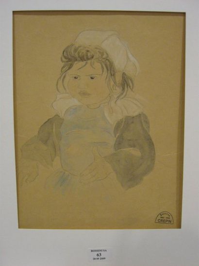Suzanne CREPIN (1880-1956). Petite fille, dessin au crayon noir réhaussé d'aquarelle....