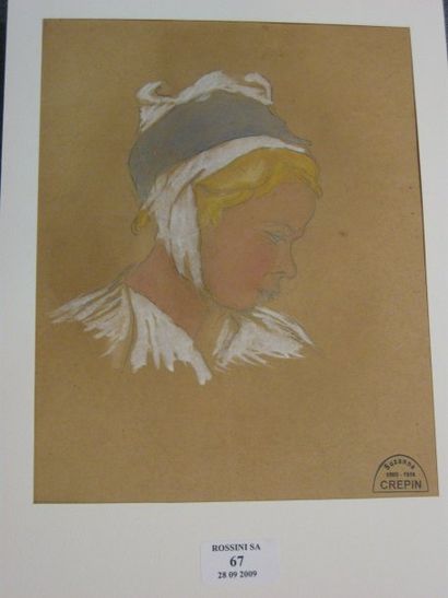 Suzanne CREPIN (1880-1956). Jeune fille au bonnet, dessin au cryon noir et aquarelle....
