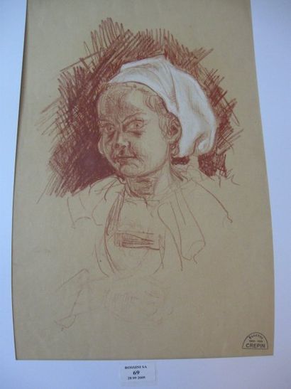 Suzanne CREPIN (1880-1956). Jeune fille à la coiffe blanche, dessin à la sanguine...
