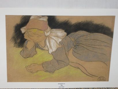 Suzanne CREPIN (1880-1956). Jeune fille allongée rêvant, dessin au crayon noir et...