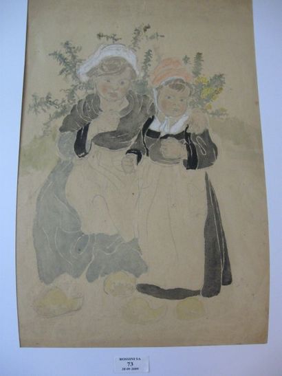 Suzanne CREPIN (1880-1956). Deux enfants dans les genêts, dessin au crayon noir et...
