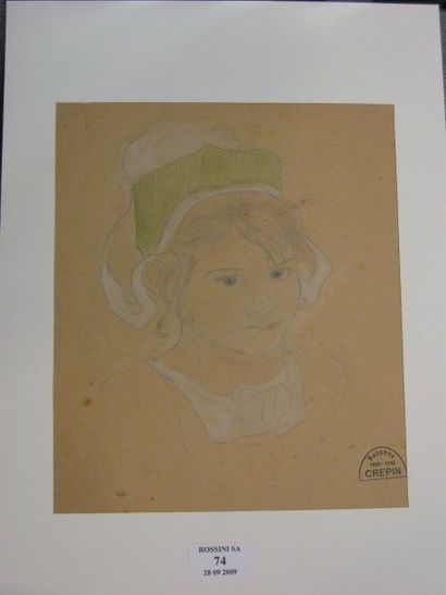Suzanne CREPIN (1880-1956). Jeune fille à la coiffe, dessin au crayon noir réhaussé...