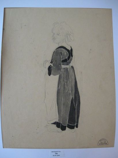 Suzanne CREPIN (1880-1956). Enfant en costume traditionnel, dessin au crayon noir...