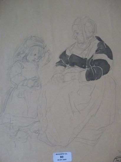 Suzanne CREPIN (1880-1956). Mère et fille, dessin au crayon noir et aquarelle sur...