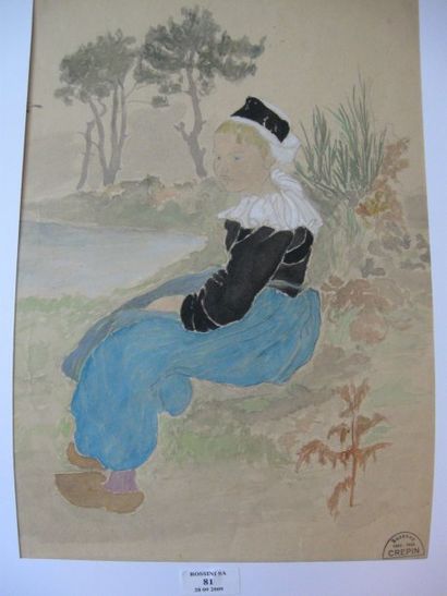 Suzanne CREPIN (1880-1956). Jeune fille près de l'étang, dessin au crayon noir et...