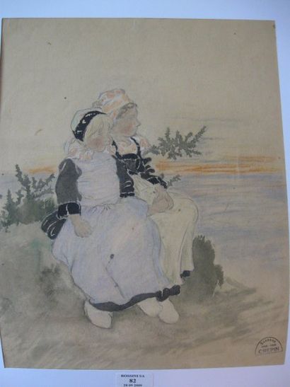 Suzanne CREPIN (1880-1956). Deux enfants devant la mer, dessin au crayon noir et...