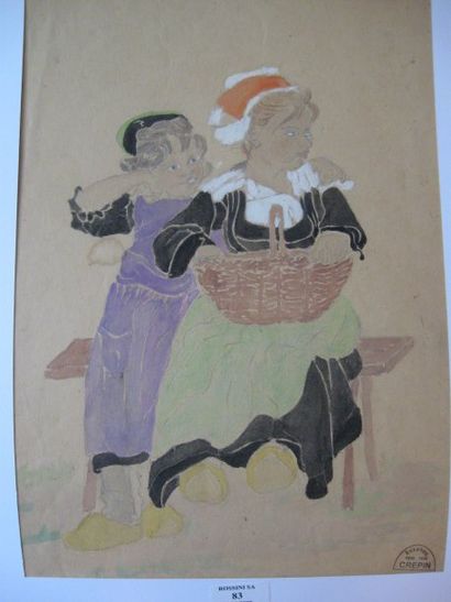 Suzanne CREPIN (1880-1956). Mère et fille au panier, dessin au crayon noir et aquarelle...