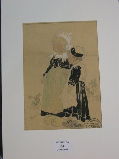 Suzanne CREPIN (1880-1956). Les deux soeurs, dessin au crayon noir et aquarelle sur...