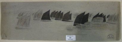 Suzanne CREPIN (1880-1956). Bâteaux, dessin au crayon noir et aquarelle. 15.8 x 49...