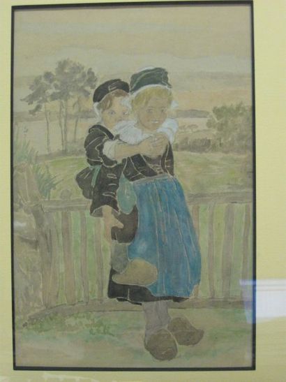 Suzanne CREPIN (1880-1956). Frère et soeur, dessin au crayon noir et aquarelle sur...