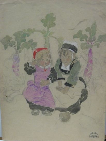Suzanne CREPIN (1880-1956). Le potager, dessin au crayon noir et aquarelle sur papier...