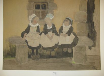 Suzanne CREPIN (1880-1956). Sur le banc, dessin au crayon noir et aquarelle sur papier...