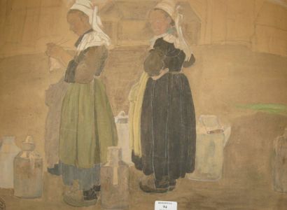 Suzanne CREPIN (1880-1956). Le ramassage du lait, aquarelle. Signée et datée 17 novembre...