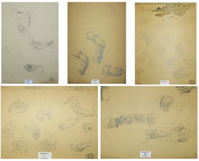 Suzanne CREPIN (1880-1956). Etude de mains, six planches de dessins au crayon noir...