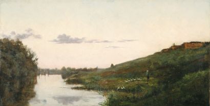 Charles François DAUBIGNY L'aube, paysanne et ses canards Huile sur toile rentoilée...