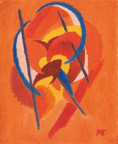 Janos MATTIS-TEUTSCH Soul Flower fond rouge Peinture sur papier épais, monogramme...