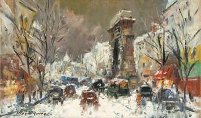 Mério AMEGLIO Le boulevard Saint Denis sous la neige, 1960 Huile sur toile, signée...
