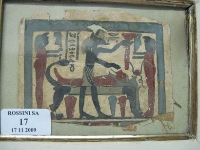 null Fragment de cartonnage peint d'une scène représentant Anubis aux cotés d'une...