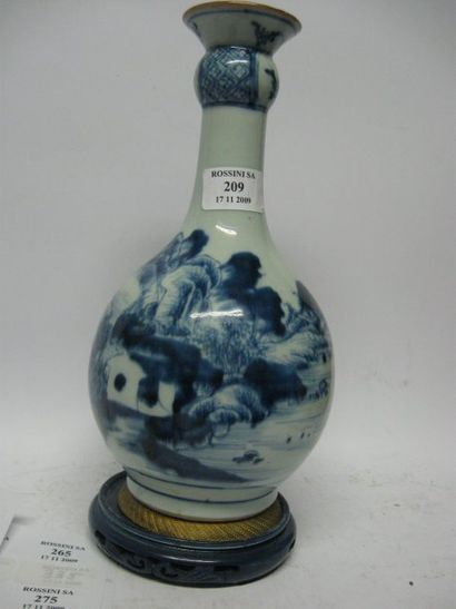 null Vase bouteille en porcelaine Décor émaillé en bleu sous couverte d'un paysage...