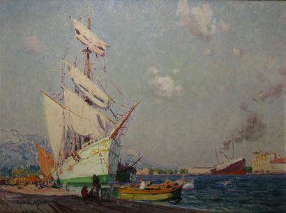 Laurent MATTIO Grand voilier à quai, 1924 Huile sur toile (restaurations), signée...