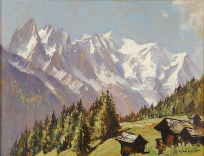 Marcel WIBAULT La chaîne du Mont-Blanc, 1961 Huile sur isorel, signé en bas à droite,...