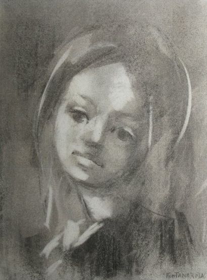 Lucien FONTANAROSA Jeune fille au châle Fusain sur papier (lavé), signé en bas à...