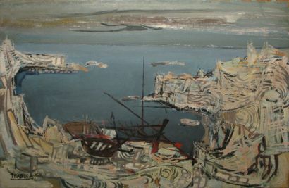 Louis TRABUC Anse portuaire, 1958 Huile sur toile, signée et datée en bas à gauche,...