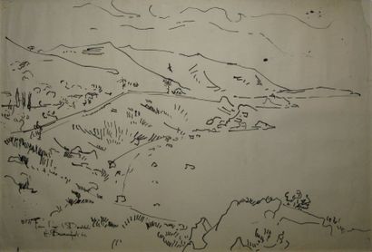 null Paysage au rivage, 1962 Encre noire (déchirure, manque et plis), signé et daté...