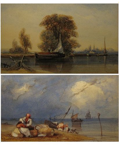 Antoine Désiré HÉROULT Retour de pêche - Péniche au canal Deux aquarelles gouachées...