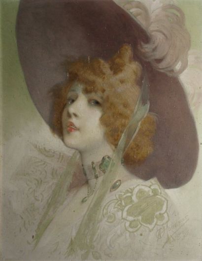Alfred CHOUBRAC Élégante aux émeraudes, 1899 Huile sur toile (petites taches), signée...