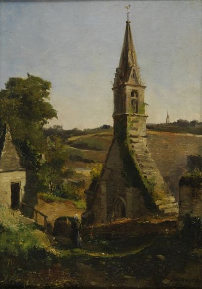Emmanuel LANSYER Paysanne devant la chapelle, 1863 Huile sur toile (restaurations),...