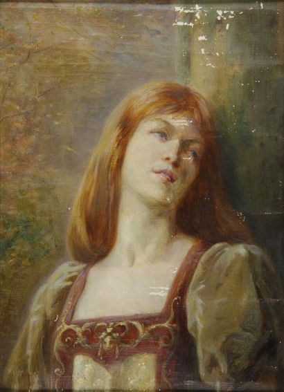 null Jeune femme rousse en costume médiéval Huile sur toile (accidents et manques),...