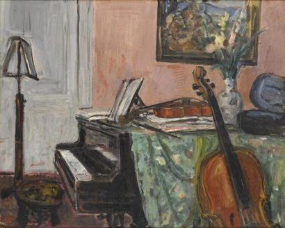 Albert ANDRÉ Le salon de musique, circa 1925 -1927 Peinture sur papier marouflé sur...