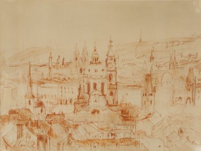 Jan SLAVICEK Vue de Prague Dessin à la sanguine sur papier beige (traces de taches),...