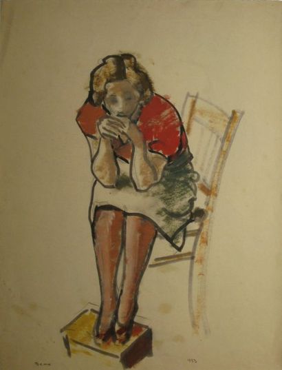 null Modèle rêveur, 1933 Gouache (traces de plis), signée en bas à gauche, 48 x 37,5...