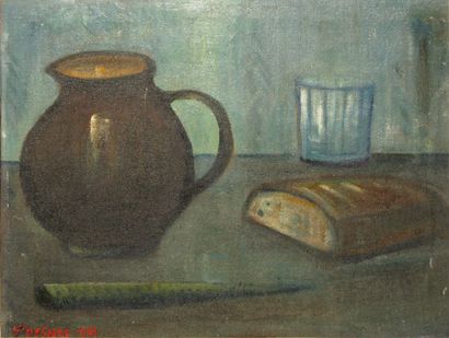 Ferdinand DESNOS Cruche, verre et pain, 1941 Peinture sur toile, signée et datée...