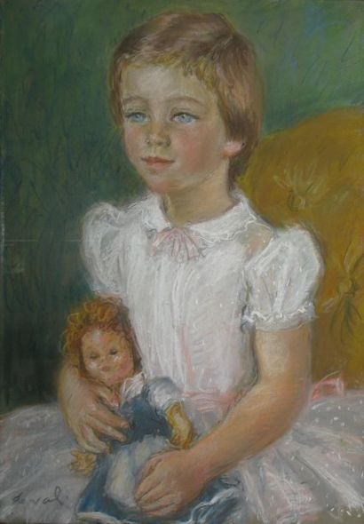 Pierre DEVAL Fillette à la poupée Pastel, signé en bas à gauche, 49 x 34 cm.