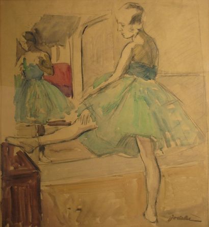 Charles Emmanuel JODELET Ballerine au miroir Aquarelle sur papier beige (traces de...