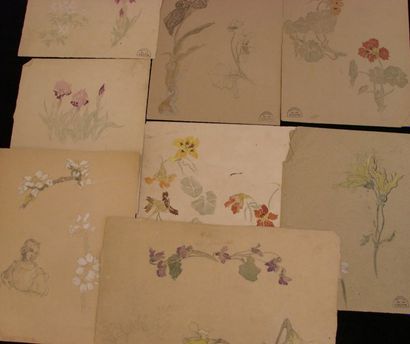 Suzanne CREPIN (1880-1956). Dix études de fleurs, dessin aquarellé.