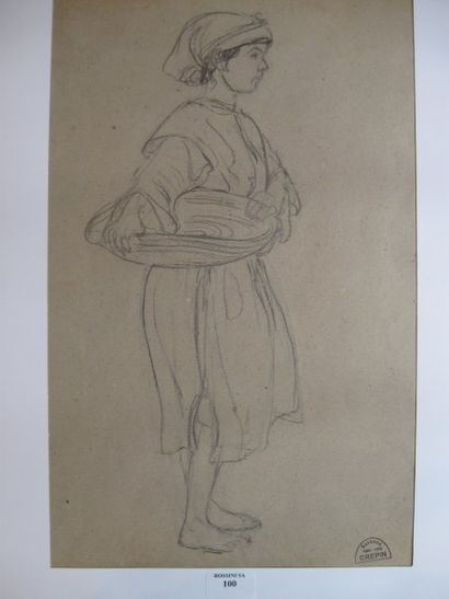 Suzanne CREPIN (1880-1956). Femme au plat dessin au crayon noir sur papier gris....