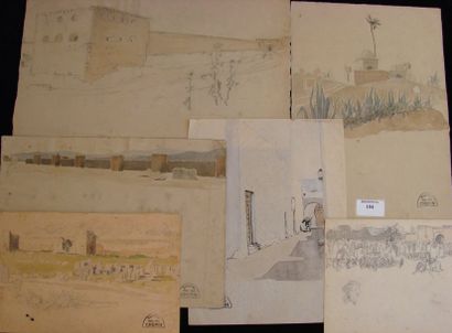 Suzanne CREPIN (1880-1956). Six paysages, dessin au crayon noir et aquarelle sur...