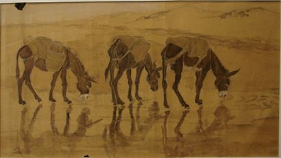 Suzanne CREPIN (1880-1956). Trois ânes s'abreuvant dans un oued, dessin au crayon...