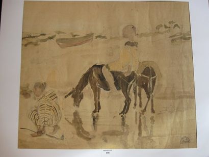 Suzanne CREPIN (1880-1956). Bord de mer, deux ânes et deux personnages, aquarelle...
