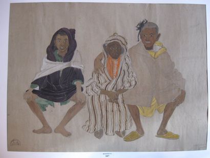 Suzanne CREPIN (1880-1956). Trois enfants assis, dessin aquarellé et crayon noir...