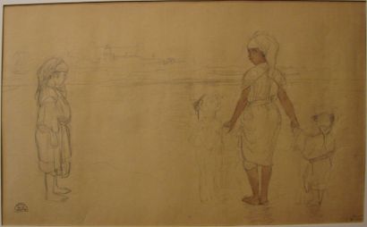 Suzanne CREPIN (1880-1956). Femme et trois enfants aux abords d'une ville, dessin...