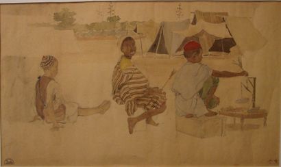 Suzanne CREPIN (1880-1956). Enfants au marché, dessin au crayon et aquarelle sur...