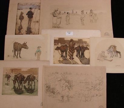Suzanne CREPIN (1880-1956). Sept estampes et aquarelles: scènes de genre.