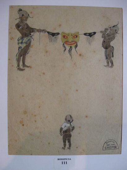 Suzanne CREPIN (1880-1956). Enfants et masques, dessin au crayon noir réhaussé d'aquarelle...